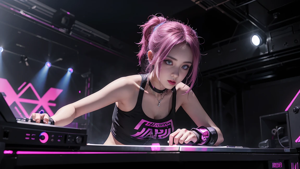 arafed woman in a black top and pink shorts playing a game of dj, cyber punk setting, raver girl, rave girl, dj rave party, dj at a nightclub dancing inspired, playing techno house music, turntablism dj scratching, cyberpunk 2 0 y. o model girl, rave outfit, fanart