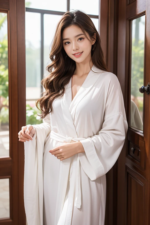 highest quality、4K、Perfect Face、Perfect Style、perfect body、Sunburn、beautiful lady、mature、long curly layer brown hair、Swept-back hair、full body, sexy 、charming、healthy、smile、at home、bathrobe、wine