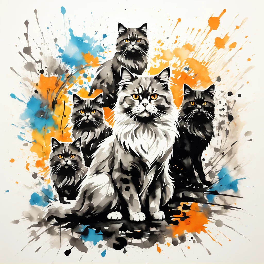 vectorial art, Colorful illustration with many Persian cats, At the center, swirly vibrant colors,graffiti art,ink spatter,Wild and unbridled,rich and colorful,visual impact,Super detailed modern aesthetic,
