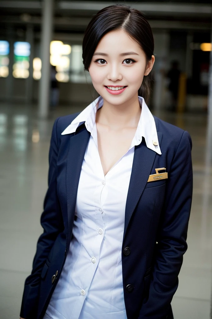 gorgeous woman, Age 21, Flight attendant uniform, Shenzhen Airlines flight attendant，Natural poses in an abandoned airport, dimpled smile, short ponytail, short bob hair, cute teeth, A rich, round chest., realistic, Beautifully detailed eyes, hyperrealism, high contrast, Ultra HD, realistic textures, Highest picture quality, Highest quality, Ultra high resolution, great details, very meticulously, head to knee, Face focus, dark bokeh night background