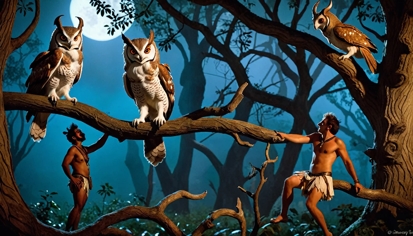  Two satyrs, mythical creatures with the upper body of a human and the legs of a goat, interacting in a playful yet eerie manner. Nearby, a large screech owl perches on a tree branch, watching over the scene. In the background, shadowy forms of other nocturnal creatures can be seen resting.
