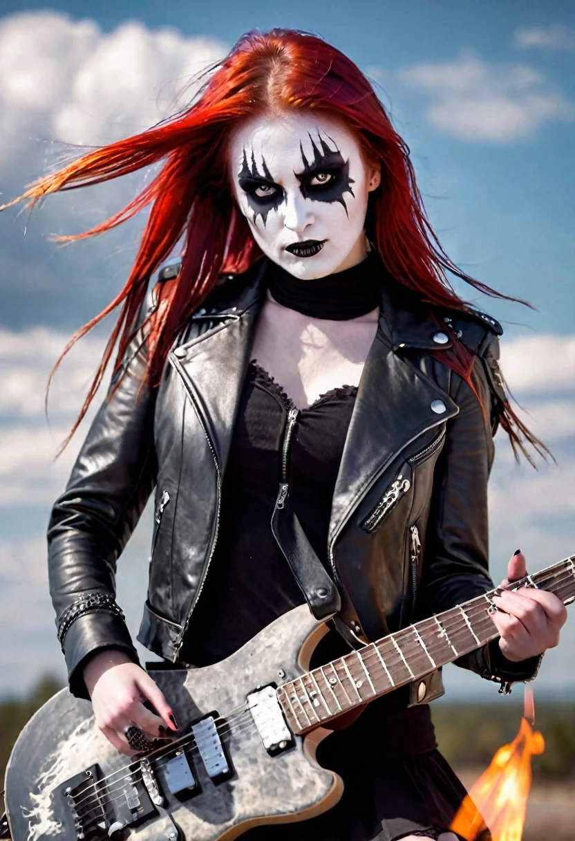 Black Metal girl, pale face, Black Metal make up, corpse paint face, red hair shoulder length, leather jacket, riding on a guitar in sky, electricity effects around her,  movement blur