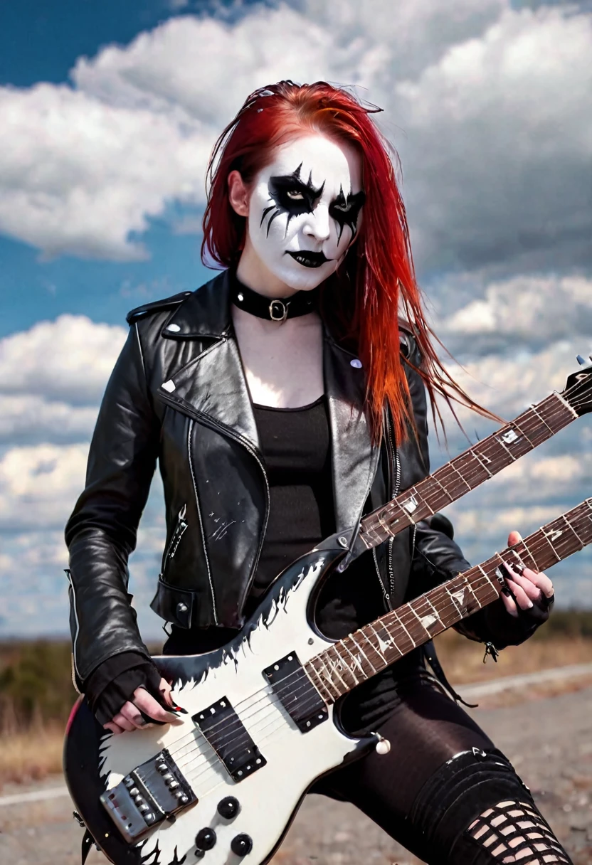Black Metal girl, pale face, Black Metal make up, corpse paint face, red hair shoulder length, leather jacket, riding on a guitar in sky, electricity effects around her, movement blur