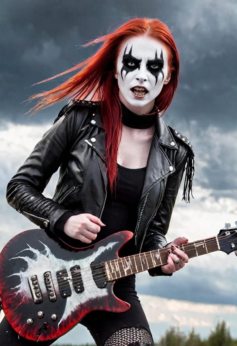 Black Metal girl, pale face, Black Metal make up, corpse paint face, red hair shoulder length, leather jacket, riding on a guitar in sky, electricity effects around her,  movement blur