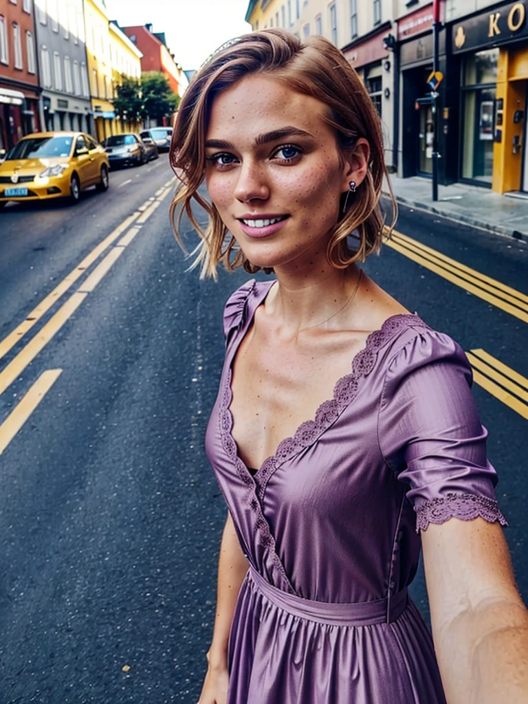 1 swedish girl, cheap phone camera quality, solo, southern belle, [Keira Knightley:0.8], dark strawberry blonde ((short)) hair, freckles, blue eyes, (Swedish face, swedish body), 25 years old, BREAK, (((selfie, upper body))), ((she's wearing: mauve dress)), dynamic pose, sexy, seductive, smile, ((background: busy street)), BREAK, (((Infinite focus)))
