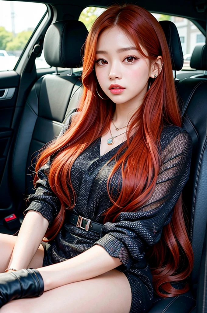 a close-up of a woman with long red hair sitting in a car, ulzzang, she has long curly hair, sakimichan, portrait of jossi do blackpink, she has long orange brown hair, sun yunjoo, parque roseanne de blackpink, com rosto redondo, Kim Doyoung, popular south Korean makeup, jossi do blackpink, blackpink Jennie, blackpink lisa, Jennie