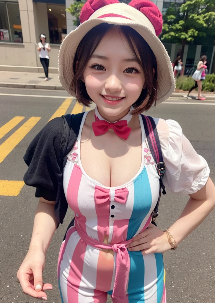 Street performer girl dressed as a clown、Clown makeup、cute gesture、smile、Full body shot、(((masterpiece))), (((highest quality))), ((intricate details)), ((surreal))、best lighting