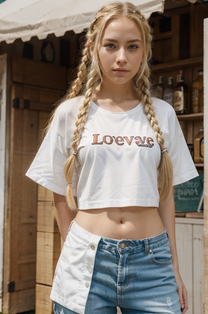 The female character has blonde braided hair, white skin, and is wearing a love shirt