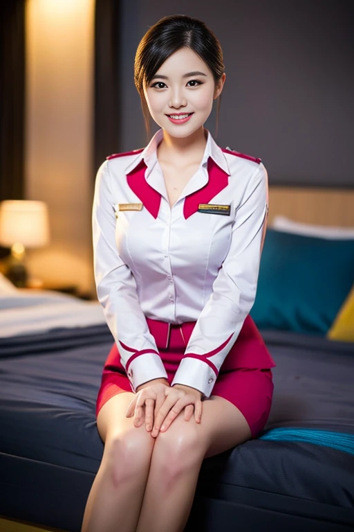 a gorgeous lady, age 21, Flight Attendant uniform, Shenzhen Airlines Stewardess, white shirt and pink mini-skirt, natural sitting pose on bed, dimpled smile, short ponytail hair, short bob hair, cute snaggleteeth, well-endowed round bosom, long flawless legs, photorealistic, beautiful detailed eyes, beautiful detailed face, hyper-realism, high contrast, ultra HD, realistic skin textures, top image quality, top-quality, super high resolution, fine details, very meticulously, head to knees, dark bokeh night background