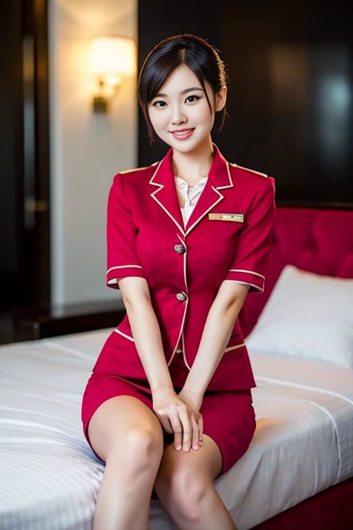 a gorgeous lady, age 21, Flight Attendant uniform, Shenzhen Airlines Stewardess, white shirt and pink mini-skirt, natural sitting pose on bed, dimpled smile, short ponytail hair, short bob hair, cute snaggleteeth, well-endowed round bosom, long flawless legs, photorealistic, beautiful detailed eyes, beautiful detailed face, hyper-realism, high contrast, ultra HD, realistic skin textures, top image quality, top-quality, super high resolution, fine details, very meticulously, head to knees, dark bokeh night background