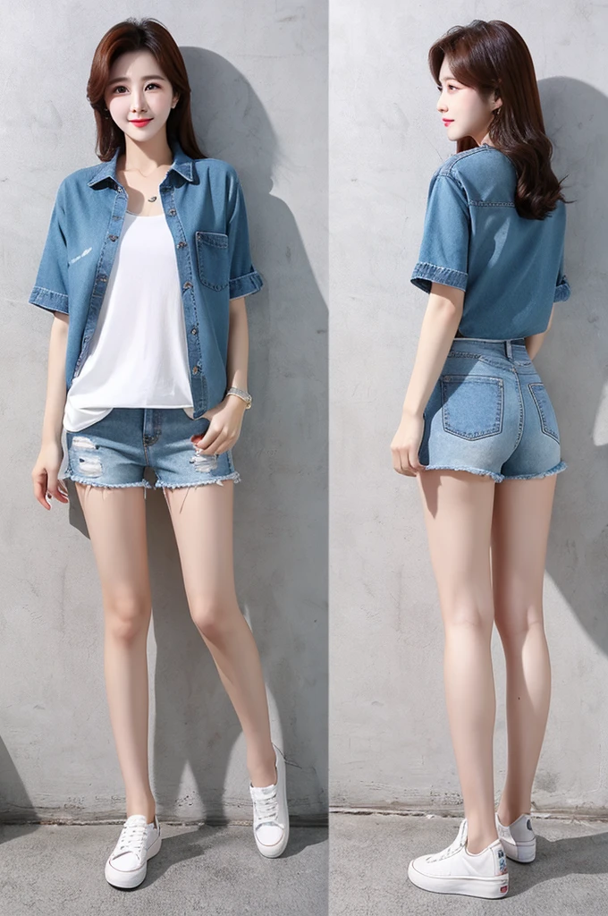 white shirt denim short pants back