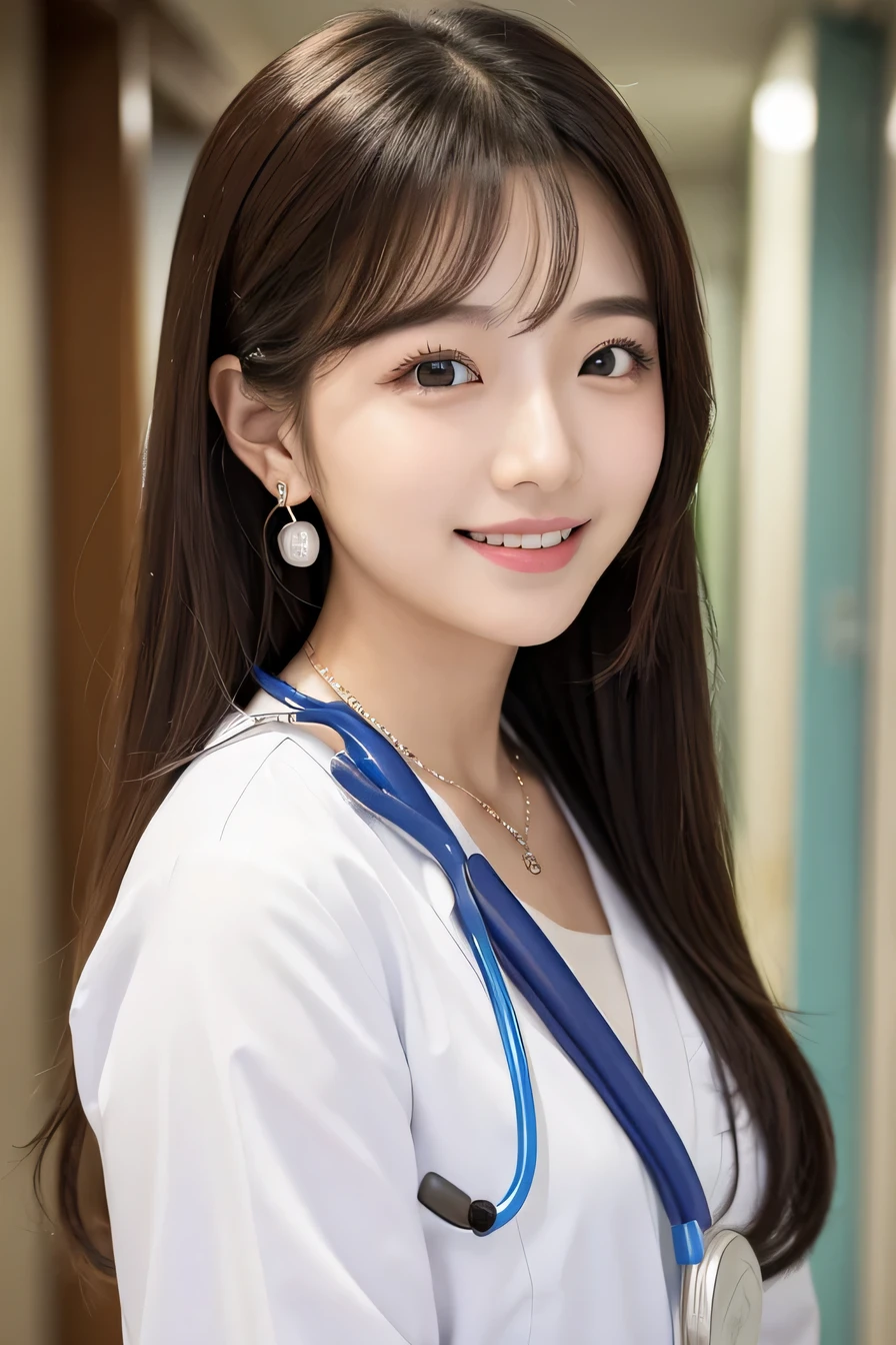 Beautiful young woman、 Korean women、hair、Necklace around the neck、White、Stethoscope、hair型セミロング、smile、Open your mouth a little、Intricate details, Very detailed:1.2), 、 Looking into the camera,The background is the corridor of the hospital.、ear piercing