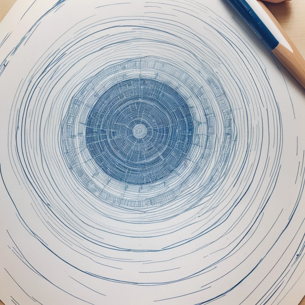 (Hand drawing of a complex geometric pattern on a sheet of paper. The drawing is made up of several thin lines drawn with a blue pen., forming a set of interconnected hexagons and triangles, creating a net or web effect. Each intersection of the lines has a highlighted point with a small marking or circle. The pattern is symmetrical and organized in a circular shape, with a small central dot in the middle of the design. The sheet of paper is white and the drawing takes up most of the space, with perfect lines, giving a handcrafted touch to the pattern."