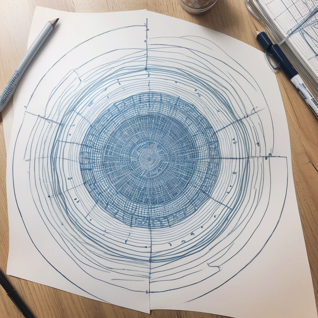 (Hand drawing of a complex geometric pattern on a sheet of paper. The drawing is made up of several thin lines drawn with a blue pen., forming a set of interconnected hexagons and triangles, creating a net or web effect. Each intersection of the lines has a highlighted point with a small marking or circle. The pattern is symmetrical and organized in a circular shape, with a small central dot in the middle of the design. The sheet of paper is white and the drawing takes up most of the space, with perfect lines, giving a handcrafted touch to the pattern."