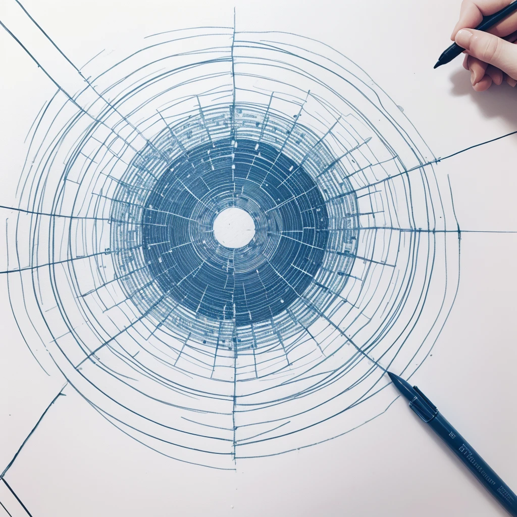 (Hand drawing of a complex geometric pattern on a sheet of paper. The drawing is made up of several thin lines drawn with a blue pen., forming a set of interconnected hexagons and triangles, creating a net or web effect. Each intersection of the lines has a highlighted point with a small marking or circle. The pattern is symmetrical and organized in a circular shape, with a small central dot in the middle of the design. The sheet of paper is white and the drawing takes up most of the space, with perfect lines, giving a handcrafted touch to the pattern."