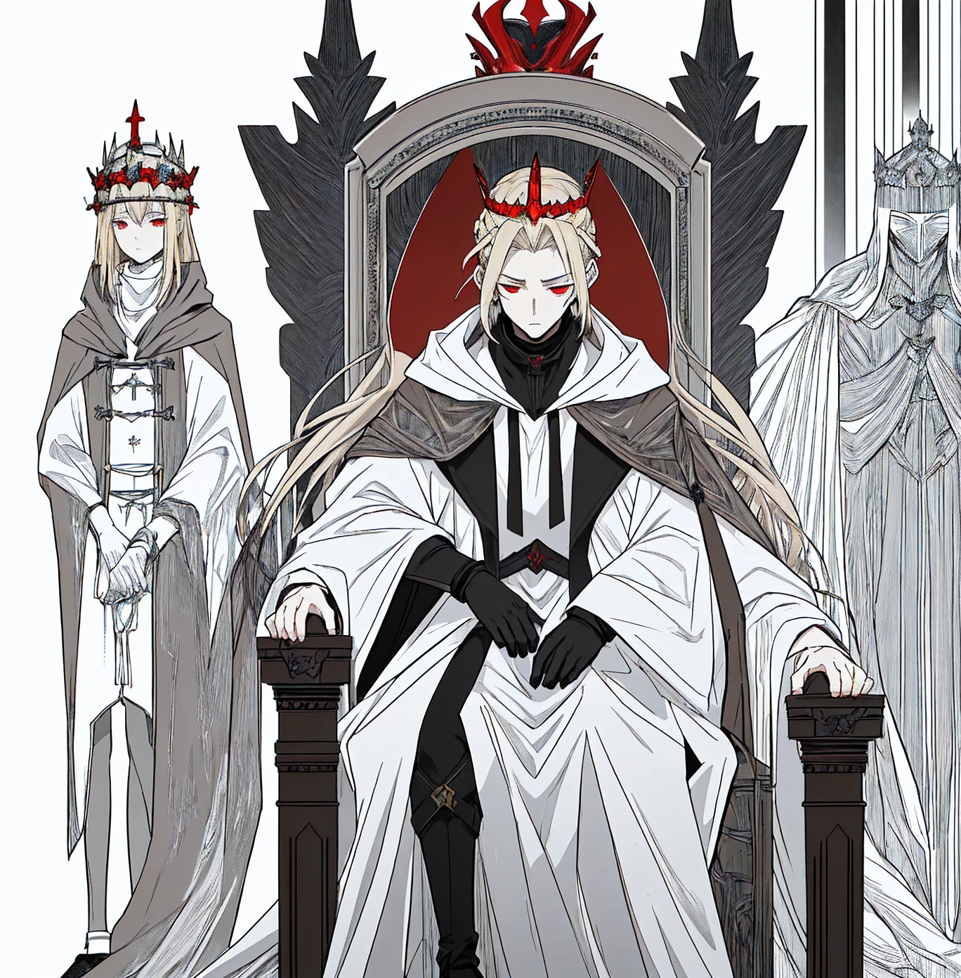 Tall, tannish, male, equipped with battle suit, covered by aqua cloak, blonde hair in manbun, red eyes, handsome, hood covering face, sitting on throne, with a sleek crown on, closed eyes with a sigh, masculine.