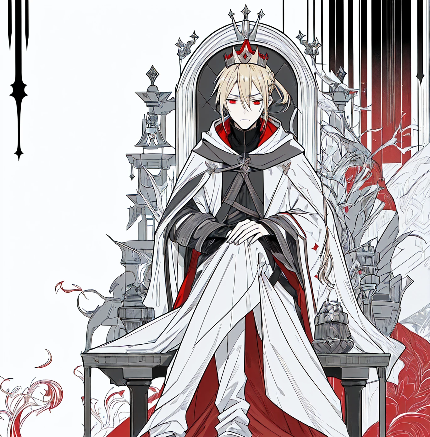 Tall, tannish, male, equipped with battle suit, covered by aqua cloak, blonde hair in manbun, red eyes, handsome, hood covering face, sitting on throne, with a sleek crown on, closed eyes with a sigh, masculine.