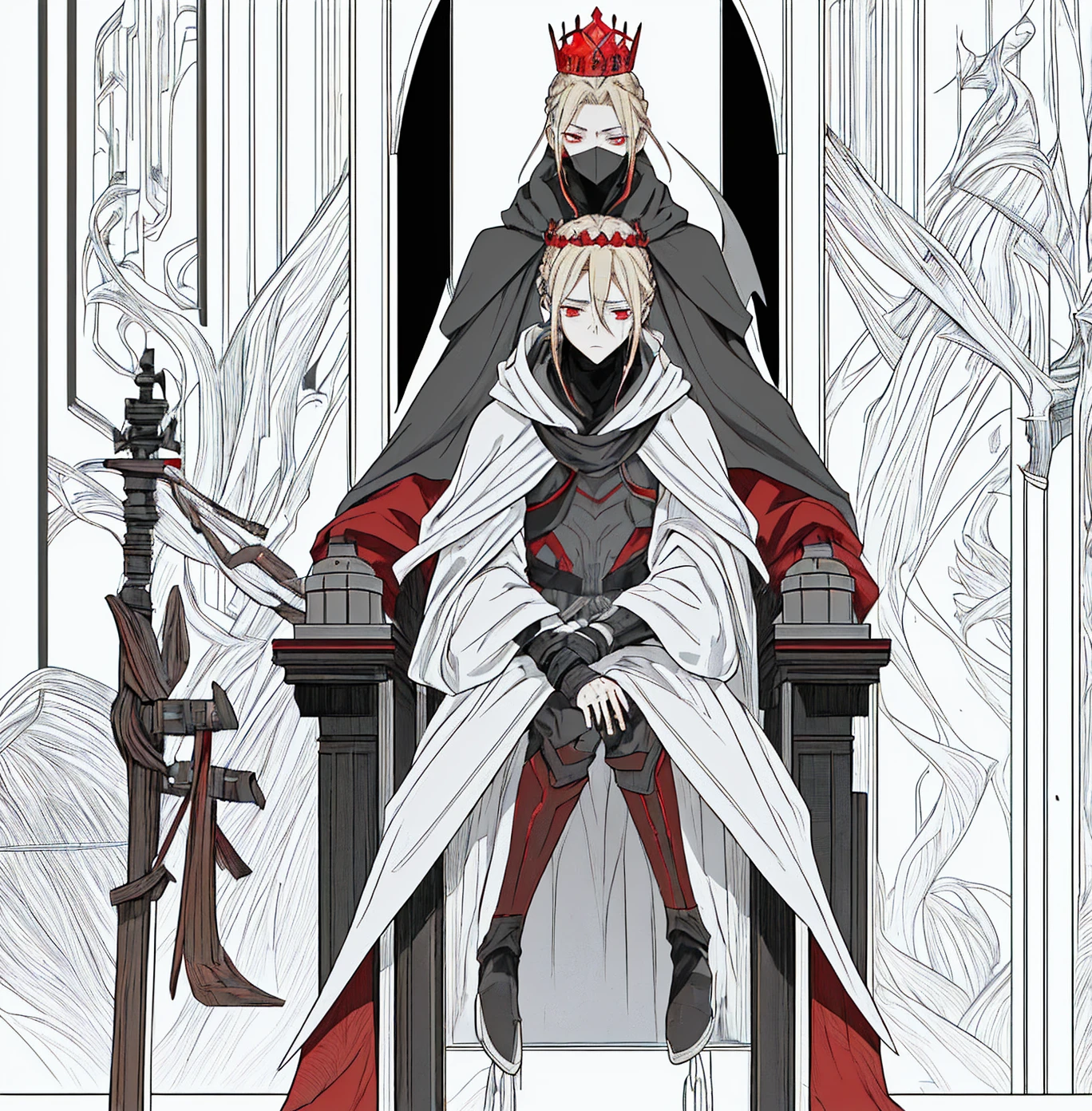 Tall, tannish, male, equipped with battle suit, covered by aqua cloak, blonde hair in manbun, red eyes, handsome, hood covering face, sitting on throne, with a sleek crown on, closed eyes with a sigh, masculine.
