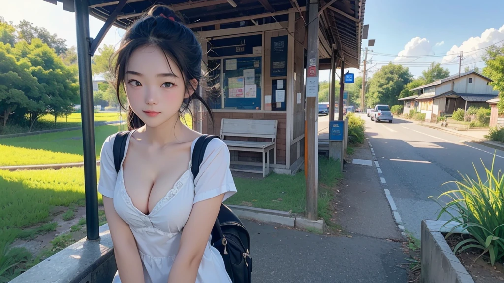 8K、RAW Photos、Highest quality、Super detailed、Super Resolution、Ultra HD、8K壁紙、Amazing details A town of rice fields in the countryside、Active bus stop、A -yeld hischool girl waiting for a bus at a bus stop、Shining Sun、Blue sky、
(((Emphasize cleavage)))
