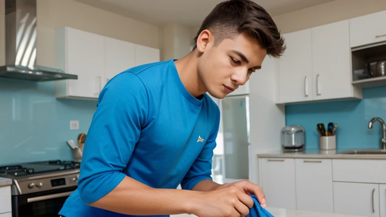 young man, with blue shirt, doing household chores