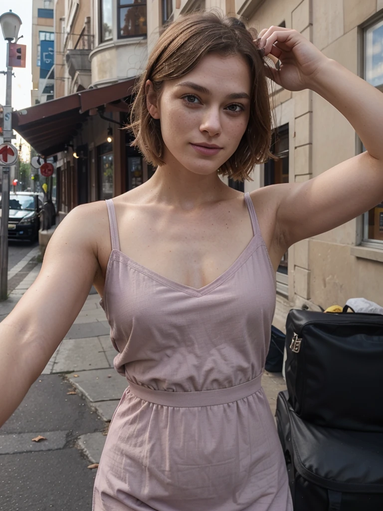 1 swedish girl, cheap phone camera quality, solo, southern belle, [Keira Knightley:0.8], dark strawberry blonde ((short)) hair, freckles, blue eyes, (Swedish face, swedish body), 25 years old, BREAK, (((selfie, upper body))), ((she's wearing: mauve dress)), dynamic pose, sexy, seductive, smile, ((background: busy street)), BREAK, (((Infinite focus)))
