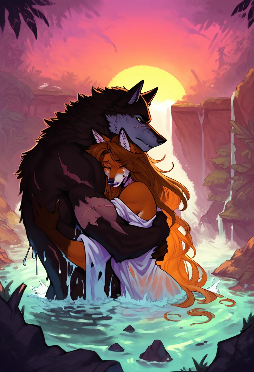 score_9, score_8_up, score_7_up, (fox, anthro, female, ((dark brown fur)), long hair, flowing hair), ((wolf ghost, a wolf soul:1.35), anthro, male, black fur, scars), couple, hugging, embracing, waterfall, mountain, jungle, sunset, bathing, water splashes, dynamic lighting, beautiful, serene, relaxed expression, content, crying, love, chaos, distortion, glitch, broken, fragmented, corrupted, surreal, psychedelic, melting, dripping, shifting, impossible perspective, abstract,