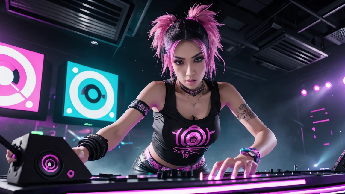 arafed woman in a black top and pink shorts playing a game of dj, cyber punk setting, raver girl, rave girl, dj rave party, dj at a nightclub dancing inspired, playing techno house music, turntablism dj scratching, cyberpunk 2 0 y. o model girl, rave outfit, fanart
