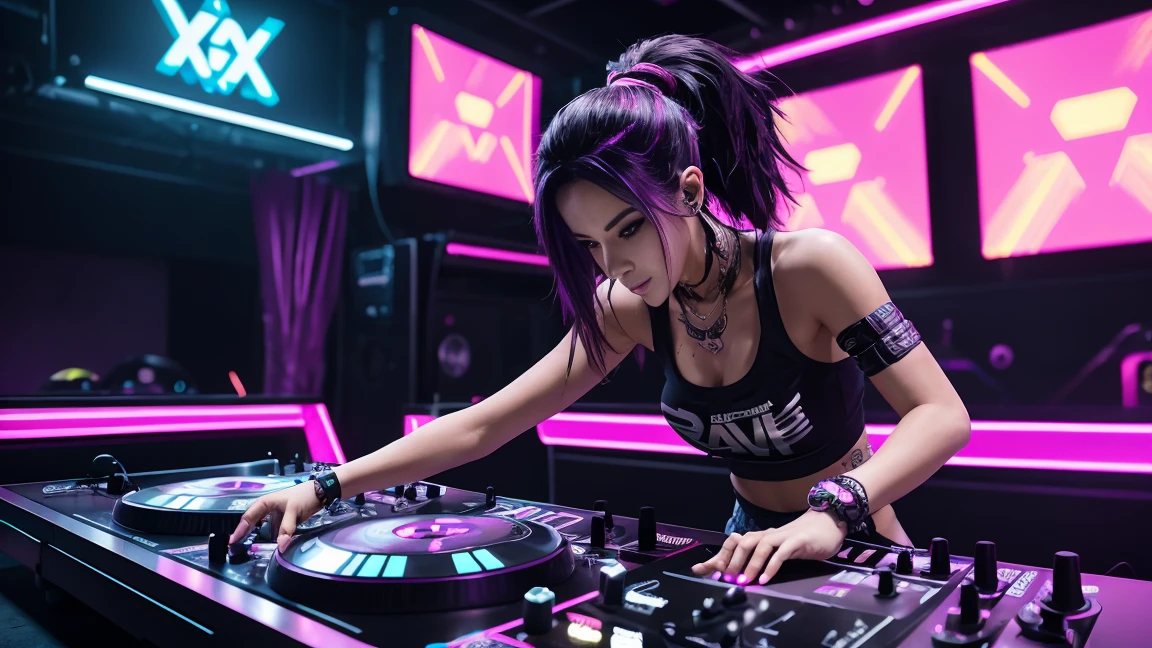arafed woman in a black top and pink shorts playing a game of dj, cyber punk setting, raver girl, rave girl, dj rave party, dj at a nightclub dancing inspired, playing techno house music, turntablism dj scratching, cyberpunk 2 0 y. o model girl, rave outfit, fanart