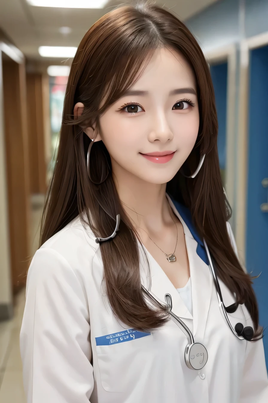 Beautiful young woman、 Korean women、Brown Hair、Necklace around the neck、White、Stethoscope、hairstyle semi long、smile、Open your mouth a little、Intricate details, Very detailed:1.2), 、 Looking into the camera,The background is the corridor of the hospital.、ear piercing
