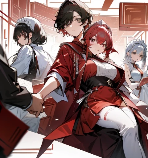 Five women in maid outfits surround a man,charming depiction,Lively and dynamic,Man taking red envelope,Handing out red envelopes to women dressed as maids