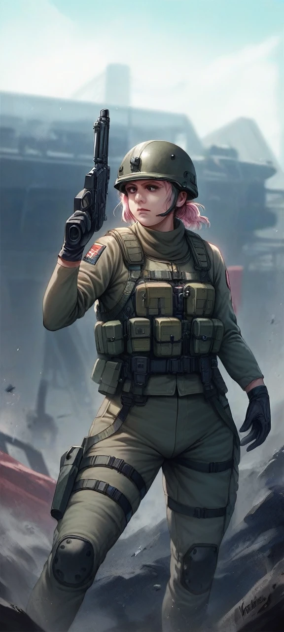 style of metal gear solid, (detailed intricate full cover tactical helmet:1.3), (pink hair), cowboy shot, dynamic pose, 1girl, solo, ray tracing, (masterpiece), (best quality), (detailed), (detailed tactical gear:1.1), (body armor:1.1), combat pants, gloves, (intricate background:1.1), 
