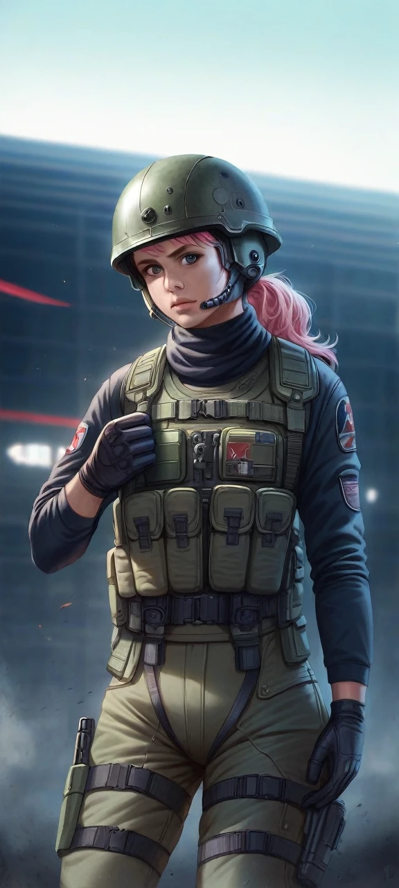 style of metal gear solid, (detailed intricate full cover tactical helmet:1.3), (pink hair), cowboy shot, dynamic pose, 1girl, solo, ray tracing, (masterpiece), (best quality), (detailed), (detailed tactical gear:1.1), (body armor:1.1), combat pants, gloves, (intricate background:1.1),