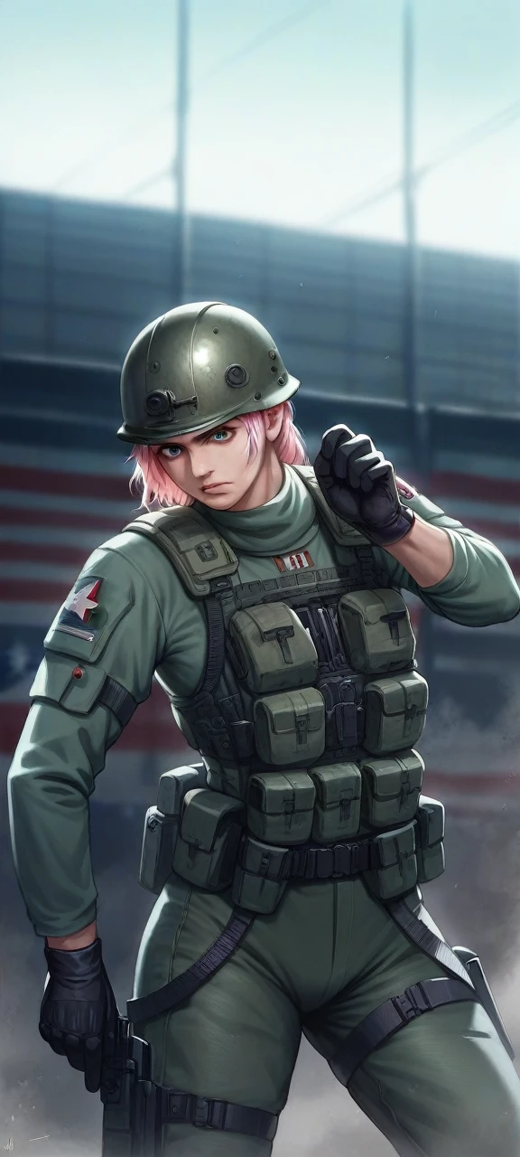 style of metal gear solid, (detailed intricate full cover tactical helmet:1.3), (pink hair), cowboy shot, dynamic pose, 1girl, solo, ray tracing, (masterpiece), (best quality), (detailed), (detailed tactical gear:1.1), (body armor:1.1), combat pants, gloves, (intricate background:1.1),