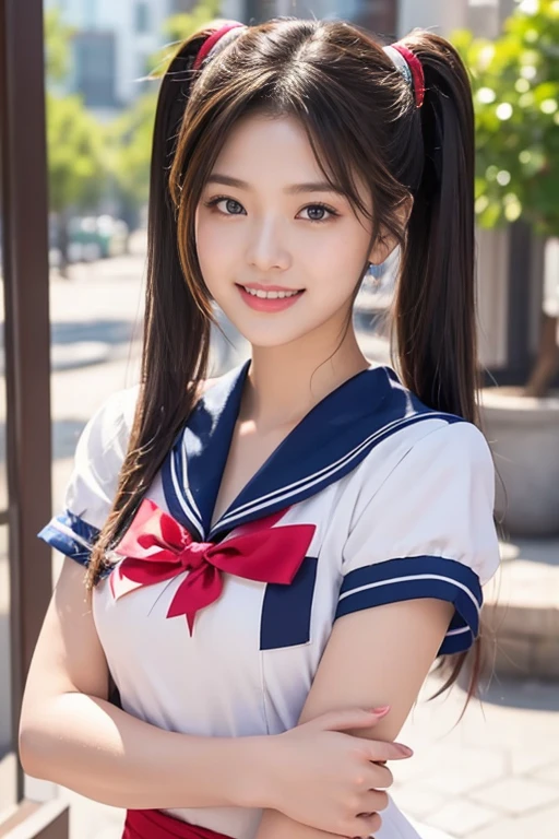 8K, Ultra-high resolution, Highest quality, masterpiece, 三分割法によるphotograph,Surreal, photograph, 1 girl, (16 years old:1.3), pretty girl, Cute face, Beautiful eyes in every detail, 細かくdetailedに,masterpiece,, One Girl:1.2, Japan Female Announcer,whole body、Black Hair、well-groomed eyebrows、Cute Lip Makeup、Calm atmosphere、A short-sleeved shiny dark sailor suit、White sailor collar、Navy blue pleated skirt、Red ribbon、White Stockings、Standing by the window of a classroom、Cute gestures、so beautiful,A carefree smile,Healing the heart,ponytail,Looking at the audience、beauty,Long neck、Laugh a little、Please close your mouth and laugh、(((Ideal body type))),A-cup small breasts :2,、Portraiture:2、Perfect Anatomy、鮮明なdetailed、detailed、Surreal、Light and shadow,Strong light