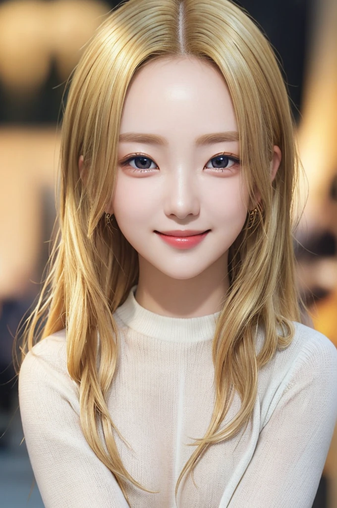 (Blonde、forehead)、Ultra-high resolution、masterpiece、Highest quality、
Highly detailed face、Detailed eyes、Very complicated、Perfect Glowing Skin、Perfect lighting、Detailed lighting、Dramatic Shadows、Ray Tracing、
One Girl、Upper body、Black sweater、Looking at the audience、A shy smile