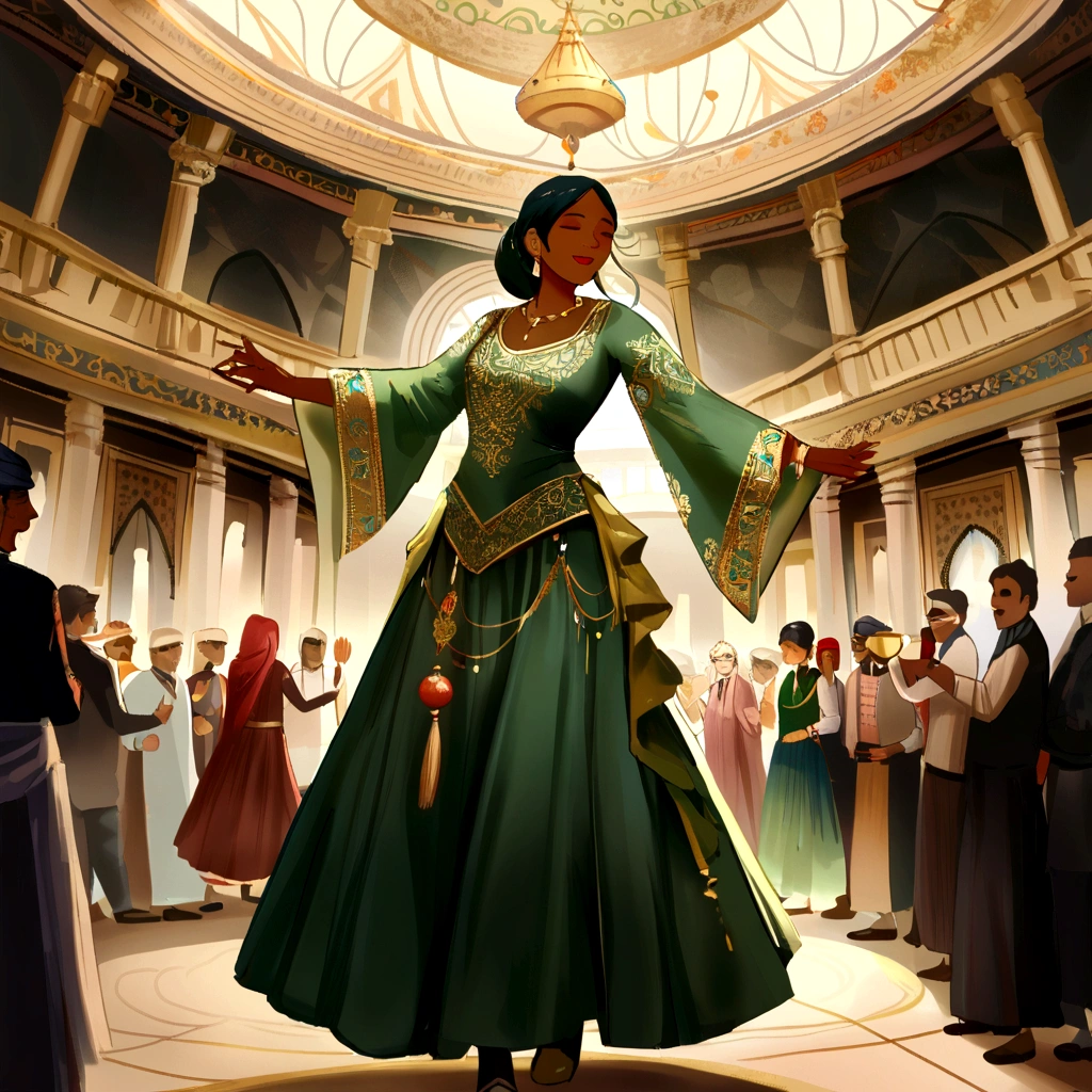 (work of art, best qualityer, realisitic),
1 girl, fund, Indian dress, dancing, intricate, dark green dress, gold, Indian palace, India, Indian person, banquet, crowd, picking up skirt, darker skin,
[slightly-smile],