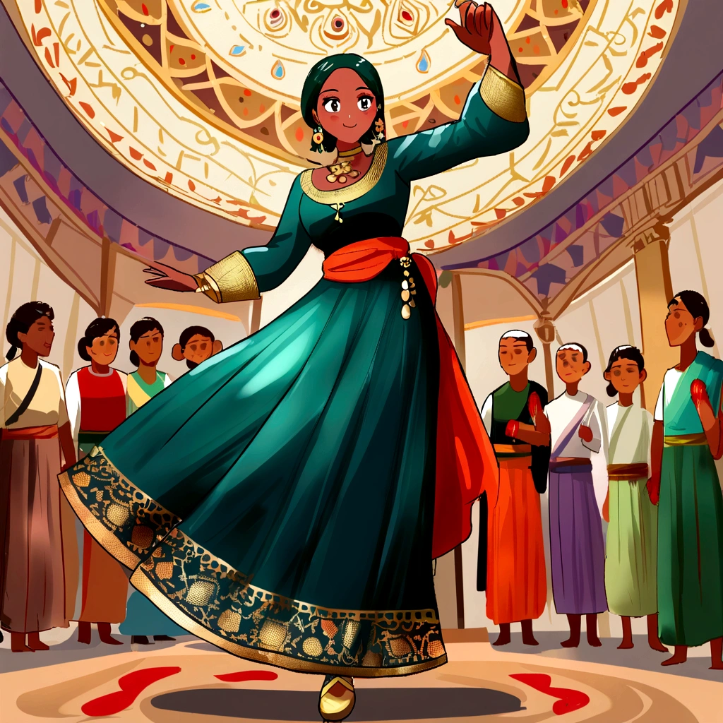 (work of art, best qualityer, realisitic),
1 girl, fund, Indian dress, dancing, intricate, dark green dress, gold, Indian palace, India, Indian person, banquet, crowd, picking up skirt, darker skin,
[slightly-smile],