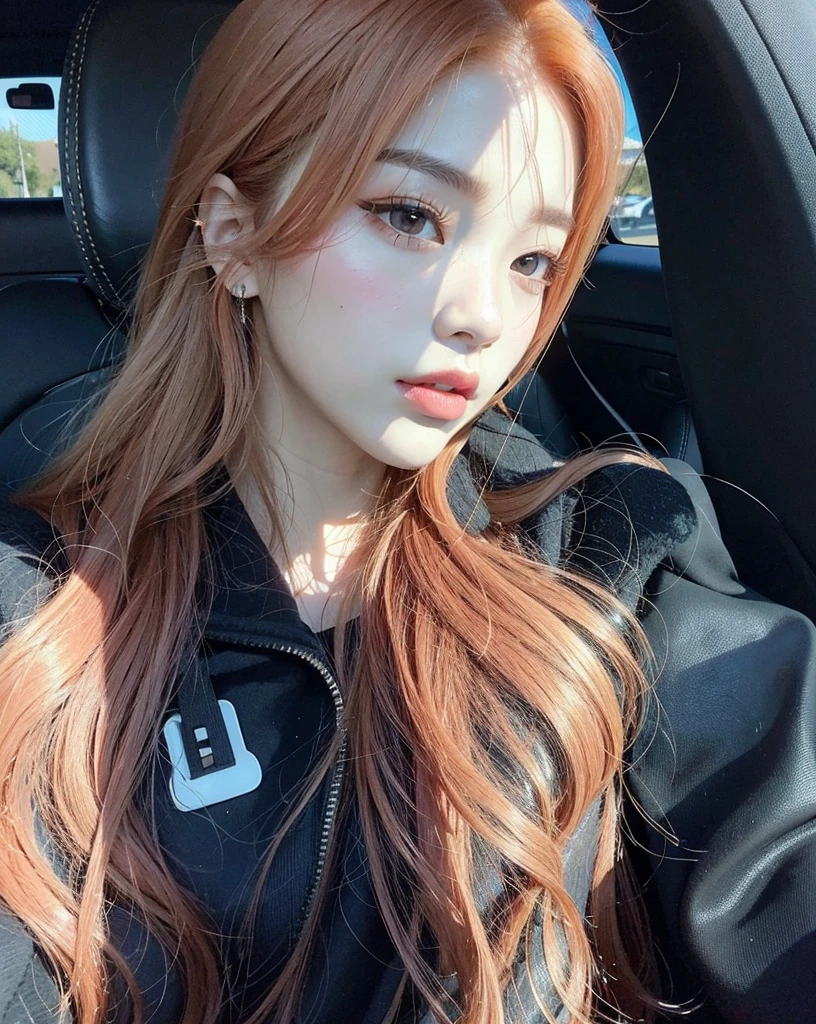 a close-up of a woman with long red hair sitting in a car, ulzzang, she has long curly hair, sakimichan, portrait of jossi do blackpink, she has long orange brown hair, sun yunjoo, parque roseanne de blackpink, com rosto redondo, Kim Doyoung, popular south Korean makeup, jossi do blackpink, blackpink Jennie, blackpink lisa, Jennie