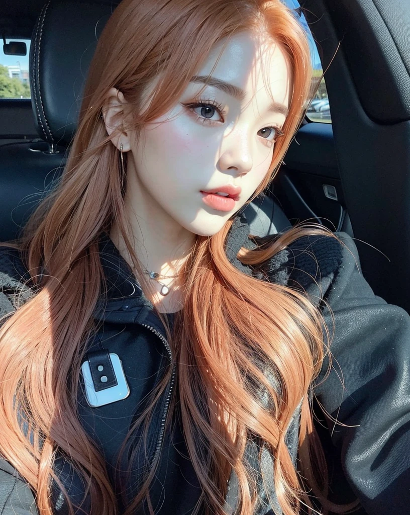 a close-up of a woman with long red hair sitting in a car, ulzzang, she has long curly hair, sakimichan, portrait of jossi do blackpink, she has long orange brown hair, sun yunjoo, parque roseanne de blackpink, com rosto redondo, Kim Doyoung, popular south Korean makeup, jossi do blackpink, blackpink Jennie, blackpink lisa, Jennie