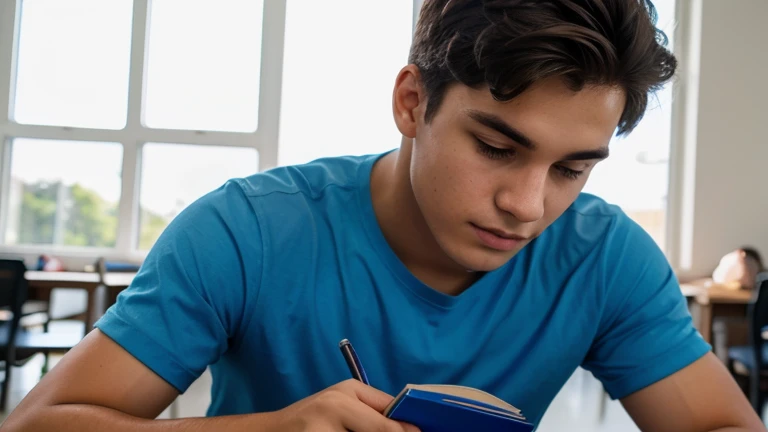 young man, with blue shirt, studying at the University