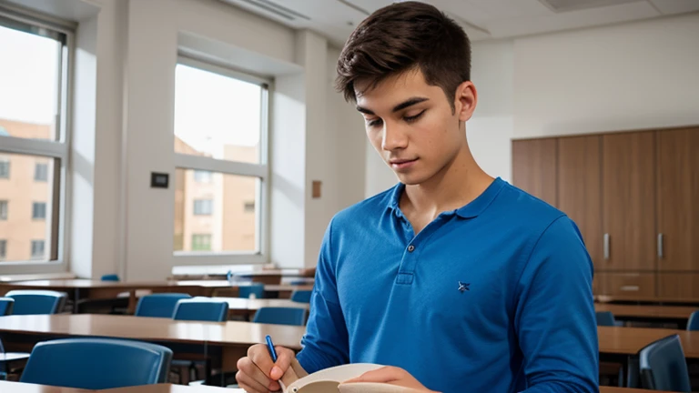 young man, with blue shirt, studying at the University