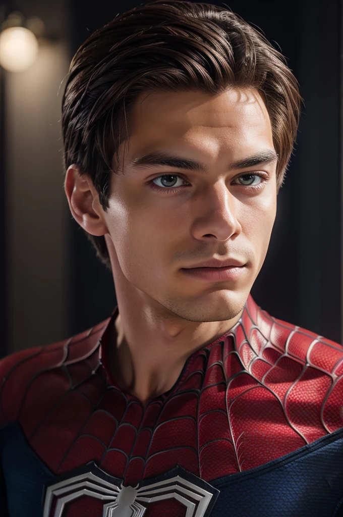 A photograph of spider man, no mask, 20 yo, handsome, detailed face, looking at camera, portrait, 8k uhd, high quality