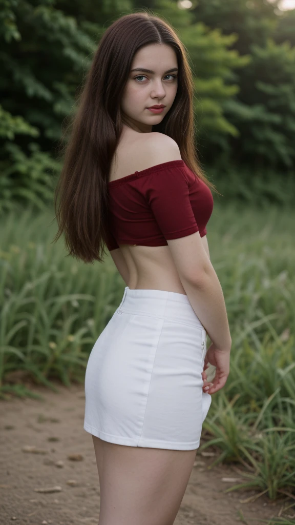 RAW photo, photo of overweight , (long brunette hair), (tight skirt), (red off shoulder top), standing outdoors, pale white skin, thick thighs, freckles, blemishes, lipstick, ((short height, broad shoulders, ((wide hips and waist)), ((chubby:1.3)), flat chest