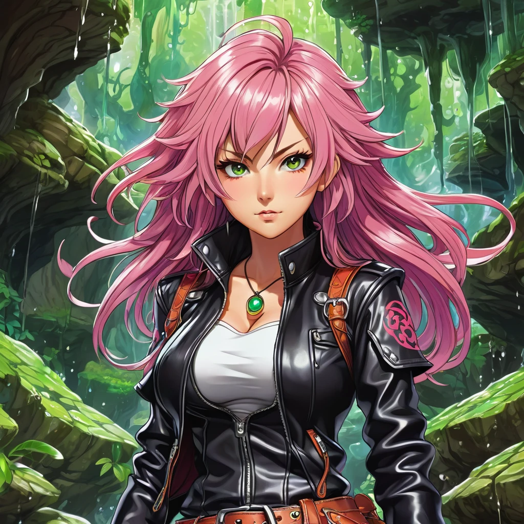 Very detailed illustration in anime style of an adult woman, leather jacket , thigh boots, extremely detailed face, (very detailed hair), slimes, (secret of mana), (mushoku tensei merged with dungeons and dragons), JRPG, art by MSchiffer, pixiv, konachan, high contrast, flat colors, cel shaded, cut out for t shirt