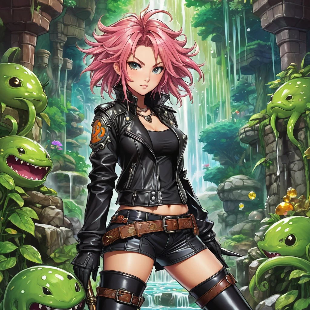 Very detailed illustration in anime style of an adult woman, leather jacket , thigh boots, extremely detailed face, (very detailed hair), slimes, (secret of mana), (mushoku tensei merged with dungeons and dragons), JRPG, art by MSchiffer, pixiv, konachan, high contrast, flat colors, cel shaded, cut out for t shirt