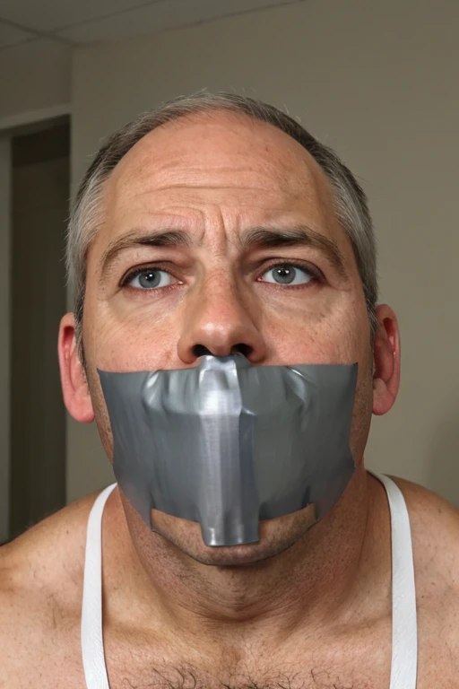 Old policeman, white singlet, tape gag, mouth gag, group of men