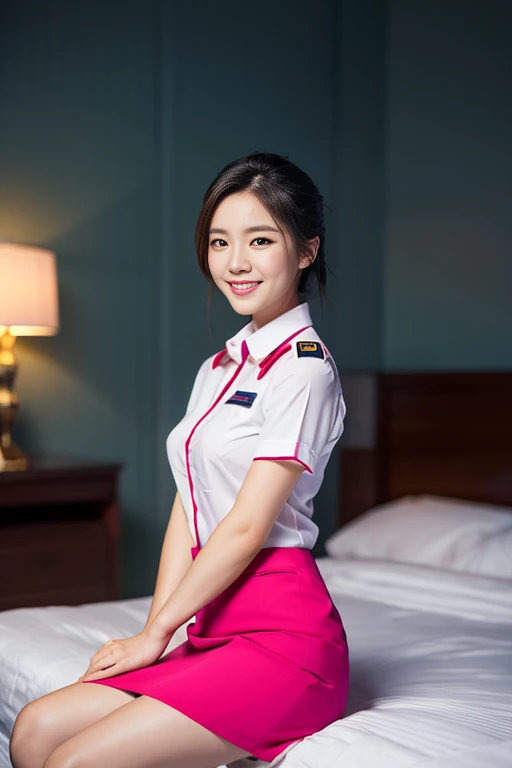 a gorgeous lady, age 21, Flight Attendant uniform, Shenzhen Airlines Stewardess, wet white shirt and pink mini-skirt, natural sitting pose on bed, dimpled smile, short ponytail hair, short bob hair, cute snaggleteeth, well-endowed round bosom, long flawless legs, photorealistic, beautiful detailed eyes, beautiful detailed face, hyper-realism, high contrast, ultra HD, realistic skin textures, top image quality, top-quality, super high resolution, fine details, very meticulously, full body shot, dark bokeh night background