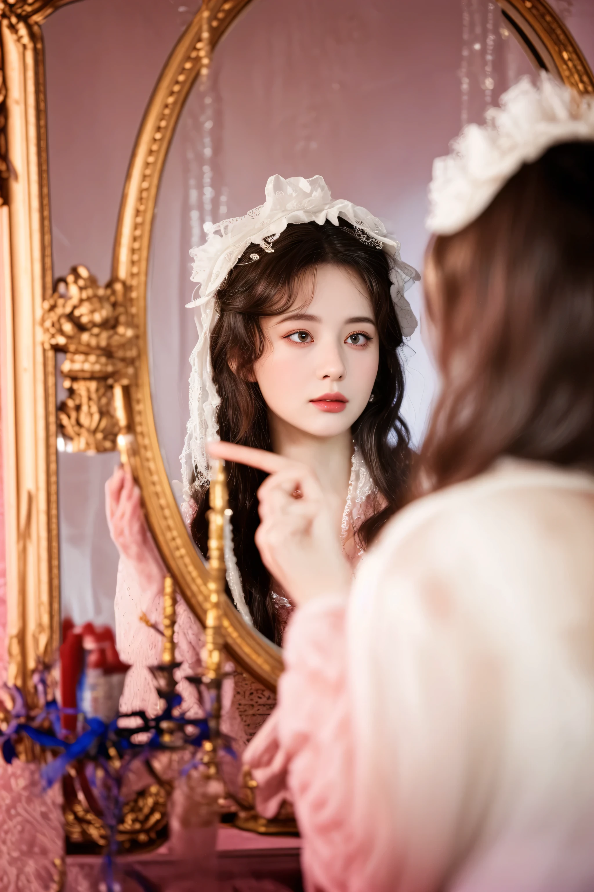 there is a woman that is looking in the mirror, rococo style portrait, looking in a mirror, looking in mirror, high res, with a mirror, looking in the mirror, rococo queen, looking into a mirror, by Edward Corbett, young victorian sad fancy lady, production still, a beautiful victorian woman, photo taken with nikon d750