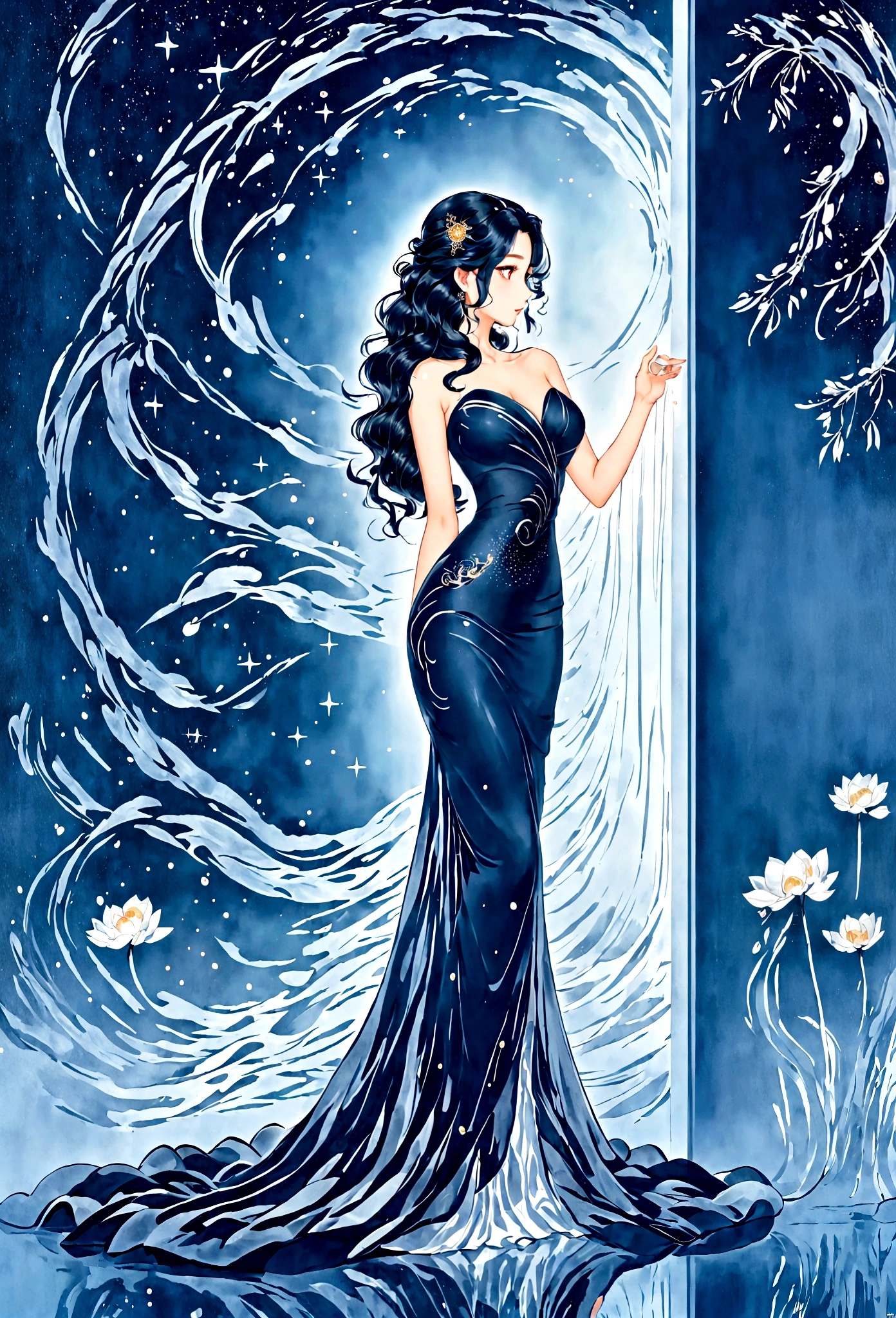 (masterpiece, best quality:1.2),Wavy hair secretary，solitary,Exquisite eyes,Fine black hair，( Smooth skin:1.2)( Wear a gorgeous and sparkling evening gown:1.2)， Slender body proportions，Back，Gorgeous room