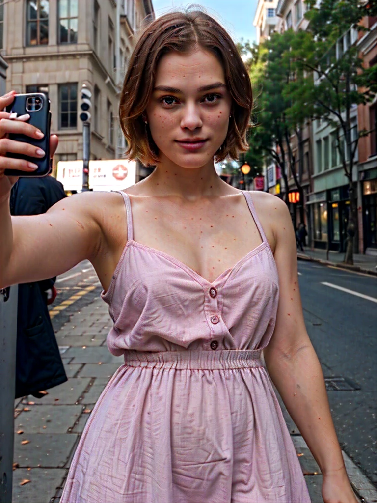 1 swedish girl, cheap phone camera quality, solo, southern belle, [Keira Knightley:0.8], dark strawberry blonde ((short)) hair, freckles, blue eyes, (Swedish face, swedish body), 25 years old, BREAK, (((selfie, upper body))), ((she's wearing: mauve dress)), dynamic pose, sexy, seductive, smile, ((background: busy street)), BREAK, (((Infinite focus)))